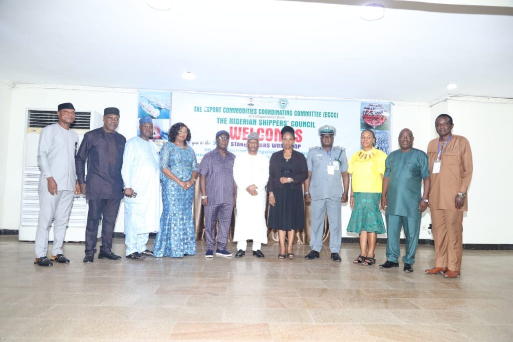 L-R: Celestine Akujobi, Deputy Director Stakeholders Services, NSC; Mohammed Abubakar, Director General Services, NSC; Celine Ifeora, former Deputy Director Monitoring and Enforcement, NSC; Dr. Obiora Madu, Logistics Expert; Mrs. Ada Okam, Director Human Resources Department, NSC; Deputy Comptroller Enforcement, Lillypond Export Area; Mrs. Margareth Ogbonnah, Director Regulatory Service; and Mr. Glory Onojedo, Director Consumers Affairs, NSC, during a one-day stakeholders workshop on port economic regulation and its impact on the shipment of export commodities through Nigerian ports.